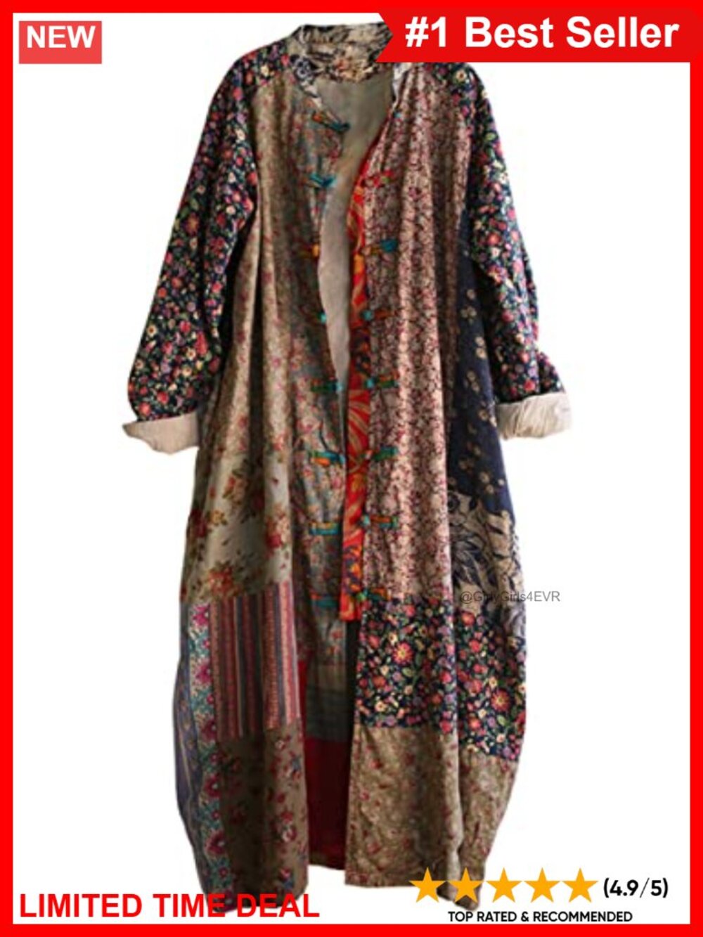 Women's Cotton Linen Trench Coat Floral Print Patchwork Chinese Style Outwear